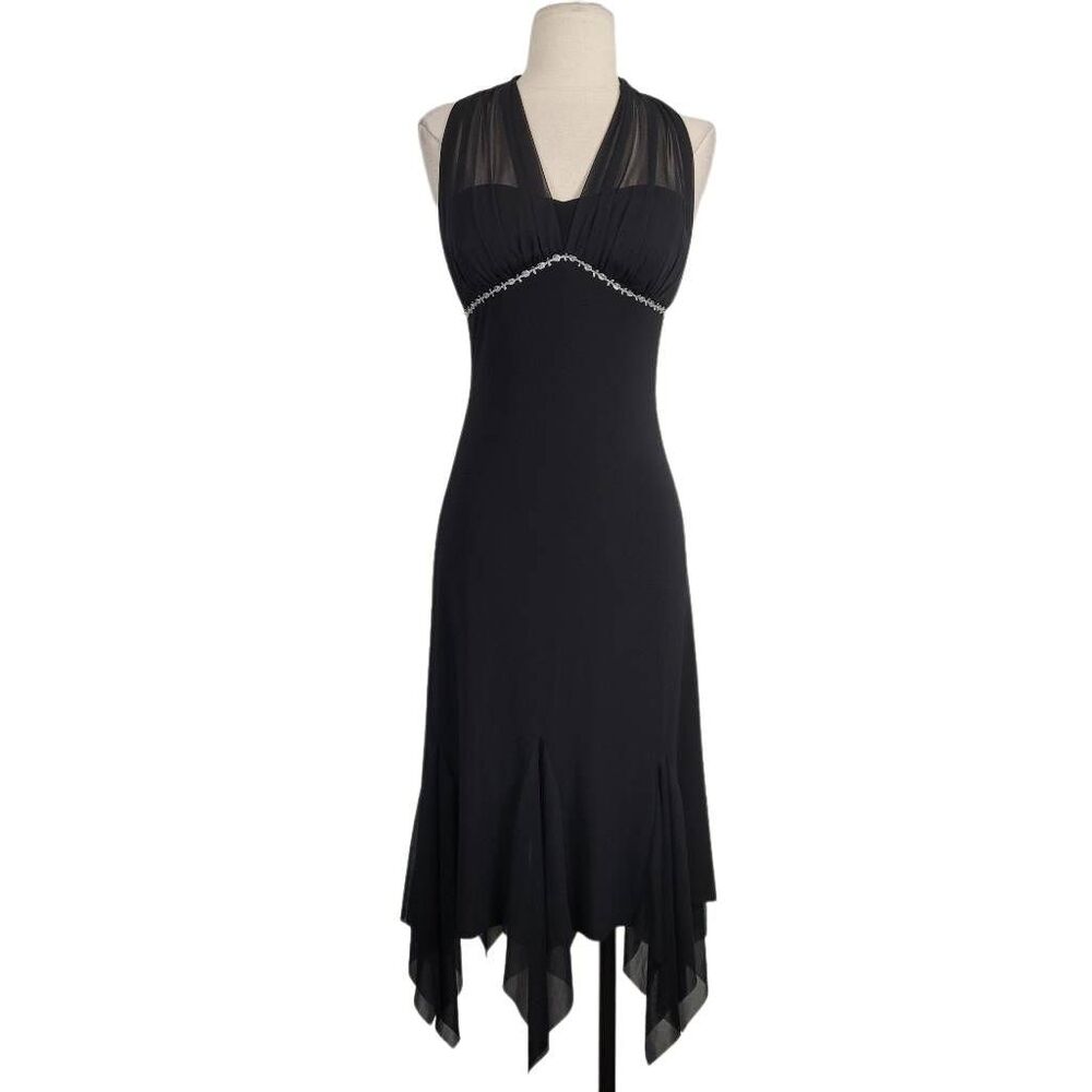 Vtg 90s Alyn Paige Black Strapless Halter Dress Sz S Peaked Hem Mesh Party